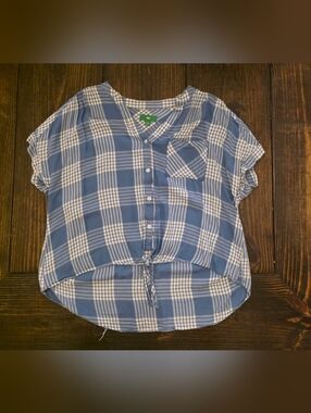 dip Blue and White Plaid Tie-Front Girls' Top